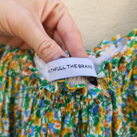 5/$100 SALE  Faithfull the Brand Linen Floral Off Shoulder Smocked Mini Dress - Picture 7 of 8